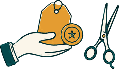 A hand holding a price tag and a coin, beside a pair of scissors