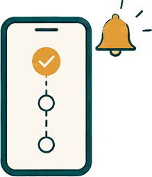 A phone showing a three-step progress path with a notification bell
