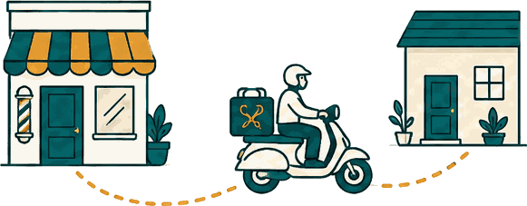 A barbershop on one side and a barber riding to a house on the other, joined by a dotted path