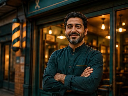 A barbershop owner standing in front of their salon