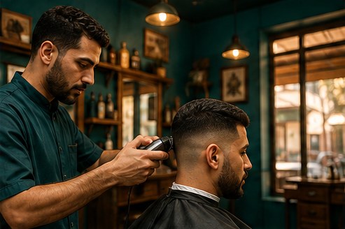 A barber giving a client a precise fade in a Moroccan barbershop
